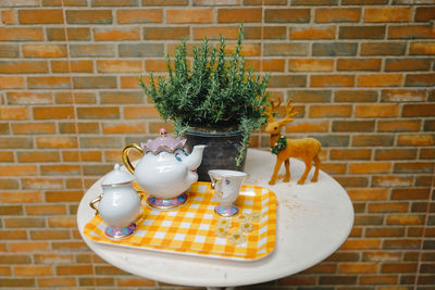 Potted plants on table against brick wall