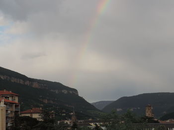 Scenic view of rainbow over town against sky