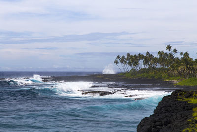 Volcanic coastal cliffs with blue waves breaking and palm trees