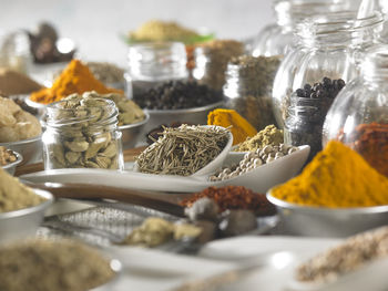 Close-up of various spices in spoons on table