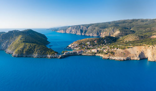 Scenic view of sea against clear blue sky