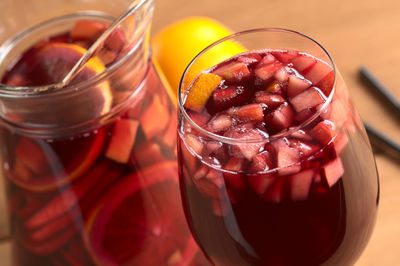 High angle view of drink in glass on table