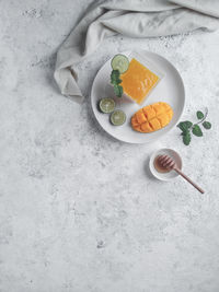 High angle view of breakfast on table