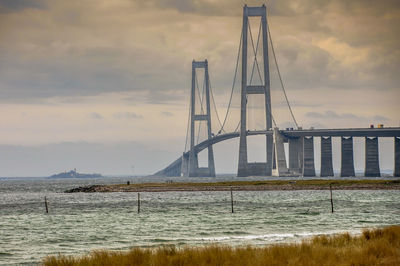 Built structure in water against cloudy sky