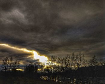 Silhouette trees against dramatic sky during sunset