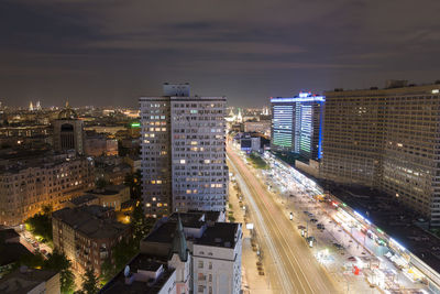 High angle view of road in illuminated city at night