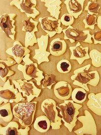 High angle view of cookies on table