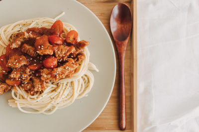 High angle view of food in plate on table