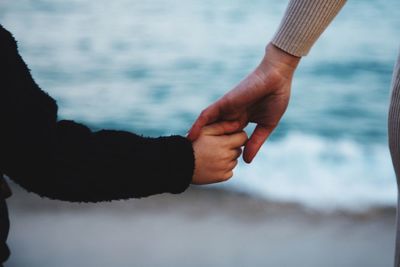 Close-up of adult and child holding hands