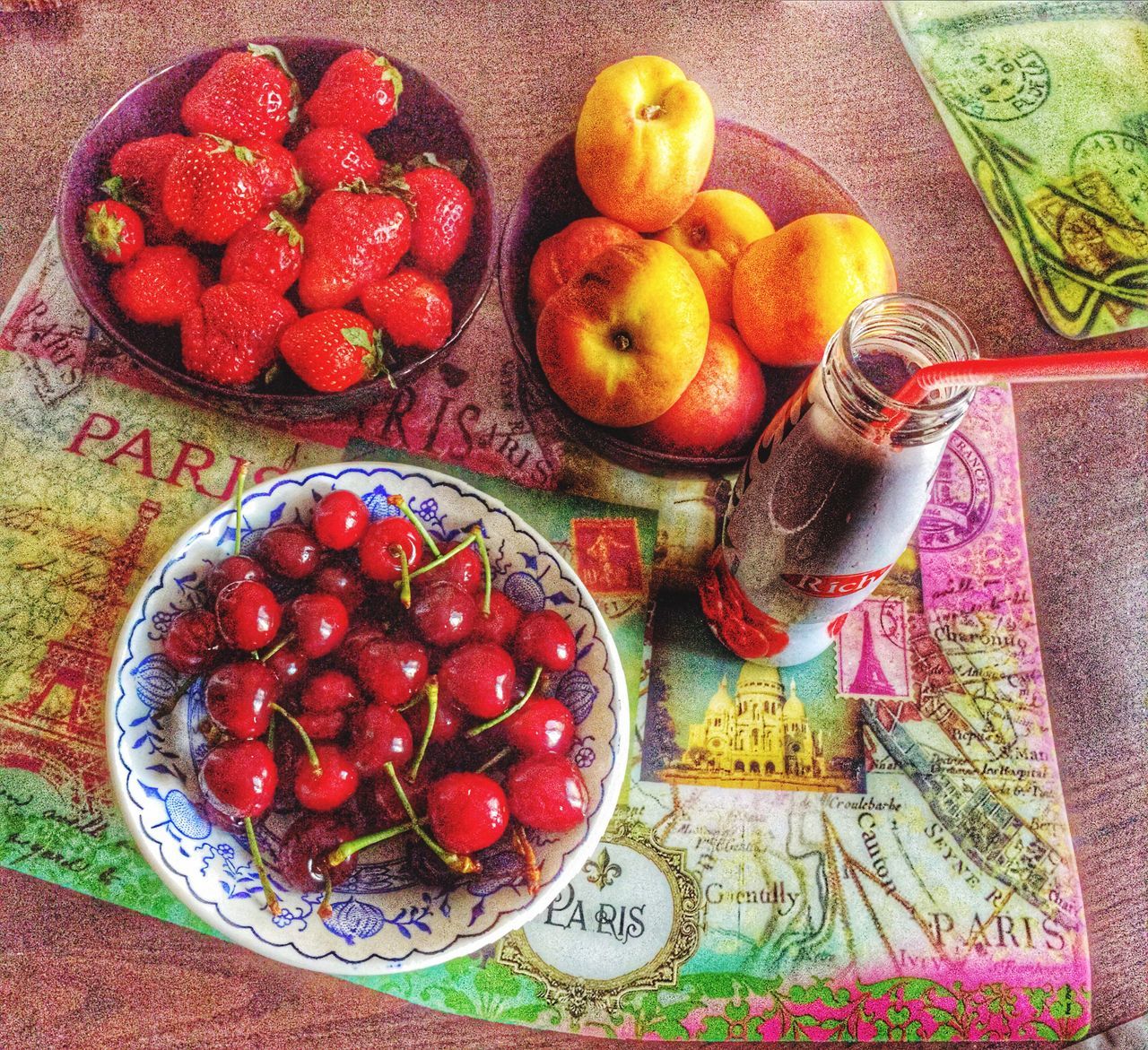 food and drink, food, freshness, healthy eating, fruit, indoors, table, still life, high angle view, strawberry, red, bowl, plate, directly above, ripe, ready-to-eat, variation, organic, abundance, tomato