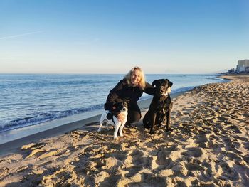 Side view of woman sitting at beach against clear sky with dogs 