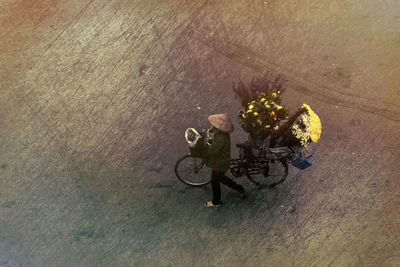 High angle view of man riding bicycle on road