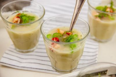 Close-up of soup in glass