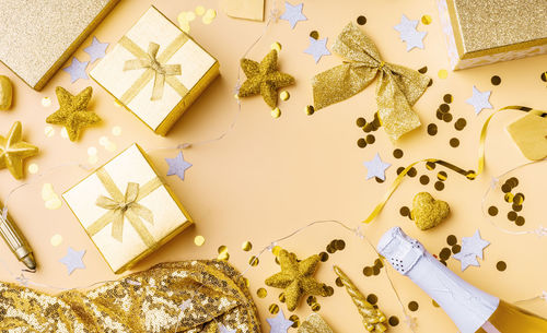 High angle view of christmas decorations on table