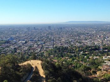 High angle view of cityscape against clear sky