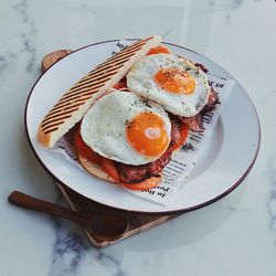 High angle view of breakfast served on plate