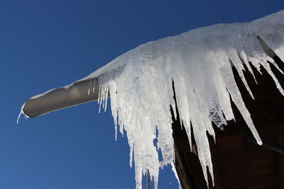 Low angle view of icicles against clear blue sky