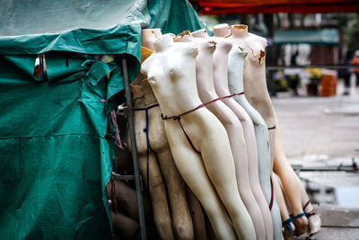 Close-up of old mannequins