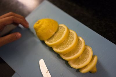High angle view of pancakes on cutting board