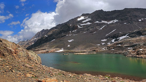 Scenic view of lake by mountains against sky