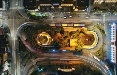 High angle view of light trails on city street at night