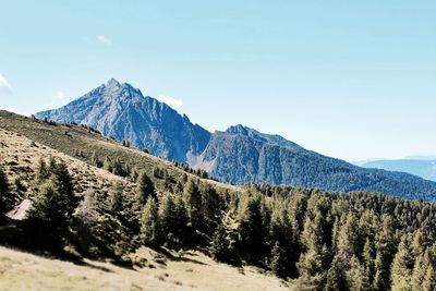 Low angle view of mountains against clear blue sky