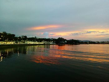 Scenic view of lake against sky at sunset