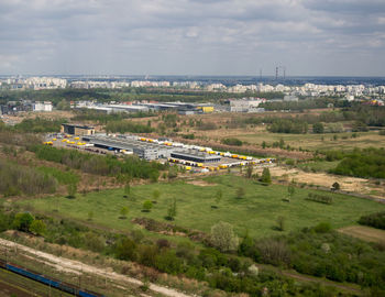Aerial cityscape and vehicles