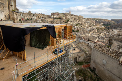 High angle view of buildings against sky