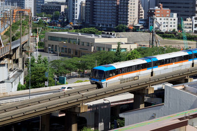 View of tokyo monorail against city buildings