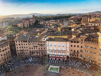 High angle view of buildings in city