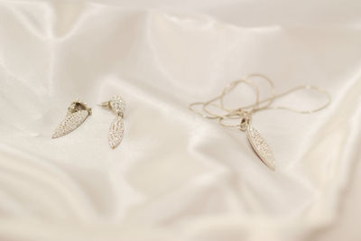 Costume jewelry for the bride earrings and pendant with chain on a white silk