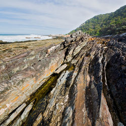Scenic view of rocks on shore against sky