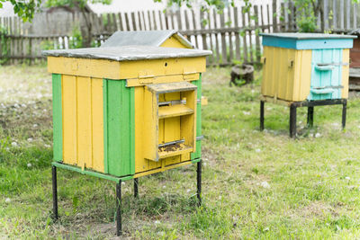 Wooden beehive with the family of bees