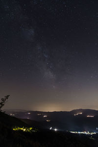 Scenic view of mountains against sky at night