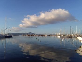Sailboats moored in sea against sky
