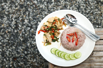 High angle view of food in plate on table