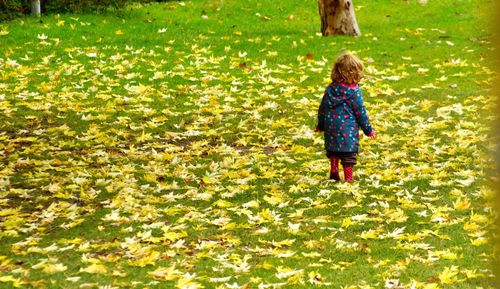 Rear view of girl standing on field