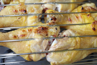 High angle view of food on barbecue grill