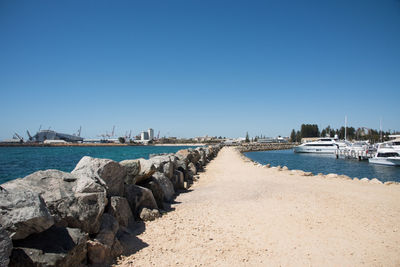 Scenic view of sea against clear blue sky