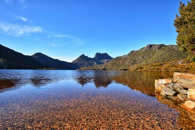 Scenic view of lake against blue sky