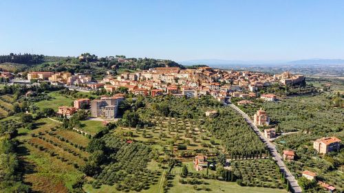 High angle view of townscape against clear sky