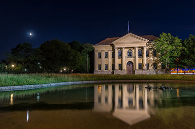 Reflection of building in water at night