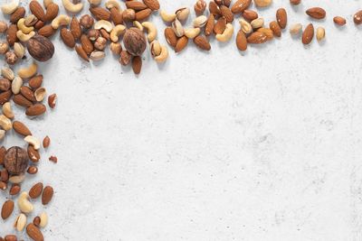 High angle view of roasted coffee beans on table