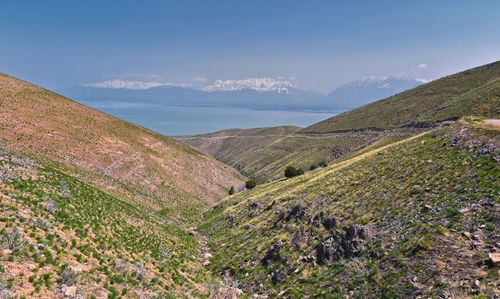 Scenic view of mountains against clear blue sky