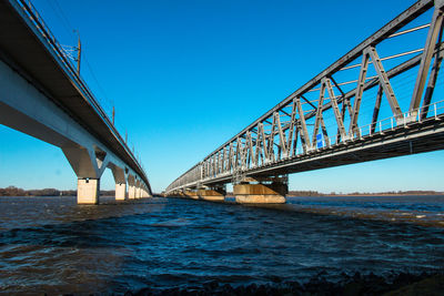 Low angle view of bridge over river against clear blue sky
