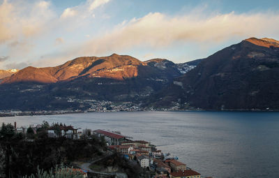 Scenic view of sea and mountains against sky