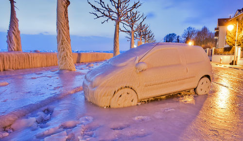 Snow covered vehicle by bare trees