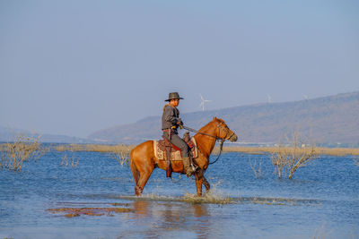 Man riding horse in lake against clear sky