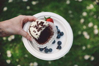 Cropped hand holding cake over plate with blueberries